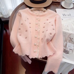 WANGGONGZHU | Elegant Embroidered Lace Knitted Open Cardigan Womens Autumn Winter French Design Style Sweater Loose Fit Long Sleeve Round Neck