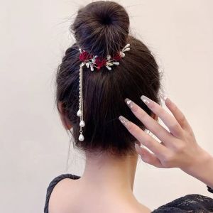 Vòng búi tóc hoa hồng tua rua đính ngọc kẹp tóc kim loại hỗ trợ buộc cao đuôi ngựa cho nữ xinh xắn dễ thương