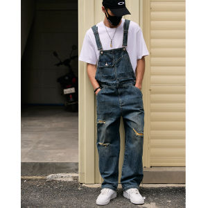 Retro Workwear Washed Vintage Denim Overalls Mens Trendy Straight Loose Large Size One-Piece Jeans Overalls Youth Pop Style