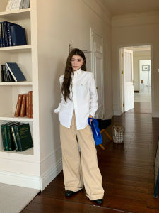 Simple Casual Pants Womens Autumn Wide Leg Slimming Elastic Waist Pants Versatile Loose Cotton Straight Leg Trousers