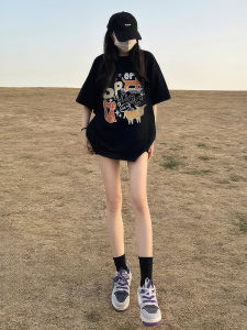 Black Cotton Short Sleeve T-Shirt Womens Loose Fit Summer Fashionable Unique Beautiful Top Korean Style Printed round Neck