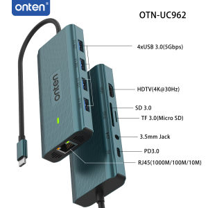 ONTEN | ONTEN 10-in-1 USB C Docking Station 4K HDMI USB/SD/TF3.0 RJ45 PD100W 3.5mm Audio Multiport Hub Adapter for MacBook Laptop