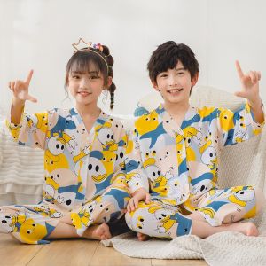 ชุดนอนเด็กผ้าไหมคอตตอนบางสำหรับฤดูร้อน แขนยาว คอกลม เสื้อผ้าใส่อยู่บ้านสำหรับเด็กชายและเด็กหญิง