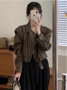 WANGGONGZHU | Retro Leather Jacket Womens Short Style Fashionable PU Coat Loose Fit Autumn New Arrival Princess Style Zipper Sleeve Long