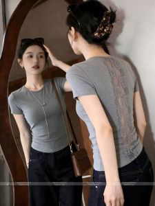 Hollow Back Slim Fit Lace T-Shirt