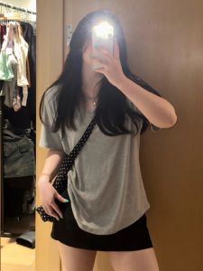 สไตล์อเมริกัน หลวม Fit Pure ผ้าฝ้าย เสื้อยืดแขนสั้นคอยูผู้หญิง ฤดูร้อน ลำลอง ไหล่ตัดต่ํา เสื้อท่อนบน รู้สึกขี้เกียจสบาย