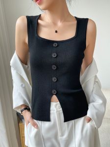 Black Knitted Strap Vest Womens Inner Wear Buttonless Sleeveless Square Collar Base Layer One Button Split Top Commute Style