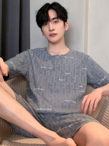 Summer Men Poplin Pajamas Suit Short Sleeve Shorts round Neck Pullover Teenagers Outwear Cool Feeling Thin Ice Silk