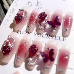 YADORNOS Blush Pink Rose Decor Long False Manicure Charming Comfortable to Wear Manicure Nails for Daily and Parties Wearing