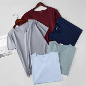 2024 Mens Thin Short Sleeve Ice Silk Without Summer Solid Color T Shirt Trace Slim V-neck Bottoming Seamless Short Sleeve