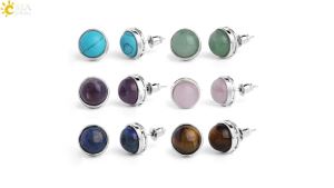 CSJA Natural Gem Stone Round Stud Earrings Pink Quartz Tiger Eye Crystal Silver Color Simple Ear Jewelry for Women Earring G063