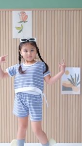 Baju Setelan Anak Perempuan Celana Pendek Salur Lucu 1-8 Tahun 4366