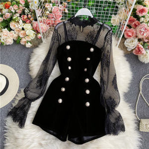 Lightly Mature Elegant Outfit Lace Embroider Mesh Tops Western Style Velvet Tube Top Jumpsuit Shorts Two-piece Set Women