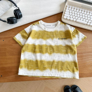 Stripes Tie-Dye Gradient Letter Print Short-Sleeve Boy Fashion Stylish Minority All-Match Pure Cotton Top Clothes Trendy