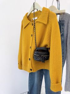 Korean Style Lazy Retro Yellow Collar Sweater Jacket Womens Autumn High-End Soft Knitted Open Cardigan Outerwear Top