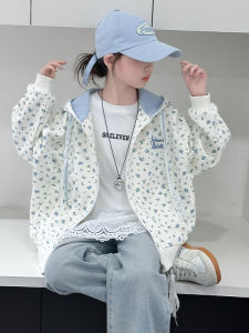Girls Floral Hoodie Jacket Spring Autumn New Casual Lace Top Trendy Outfit Soft Treatment Korean Style Long Sleeve Zipper Closure