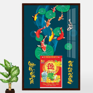 Lịch tết 2027 tranh phong thủy tráng gương bằng gỗ Cá Chép Hoa Sen có gắn bloc lịch bền đẹp theo thời gian