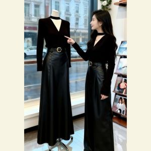 SHANGSHA | Autumn Stylish Elegant Luxury Black Tshirt Dress Set