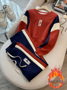 ผู้หญิง คอกลมสั้น เสื้อสเว็ตเชิ้ต ชุดกีฬา ผ้าขนแกะ ปักเรียงราย หลวม ขากว้างพอดี กางเกง ลำลอง ชุดสองชิ้น