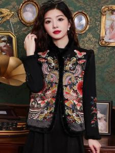 Heavy Embroidery Cotton Lining Womens Vest New Chinese Style Retro National Style Peony Tail Phoenix Ladies Shoulder Pad Vest