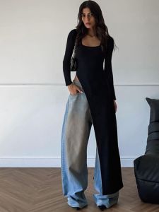 Fall New Arrival Fashion AliExpress U-Collar Black Slim-Fitting Cool Split Long Sleeve Dress Long Dress for Women Dress