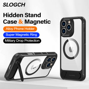 Invisible Stand Clear Phone Case For iPhone 16 / 15 / 14 Pro Max For MagSafe Transparent Hard Back Cover For iPhone 16 Pro Max Military Drop Protection Casing With Holder