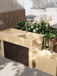 Granite Laundry Sink Basin Outdoor Courtyard Integrated Hand Washing Basin with Scrub Board Balcony Laundry Cabinet Sink