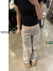 Jennie American Style Leopard Print High Waist Wide Leg Jeans Womens Casual Straight Leg Loose Fit Denim Pants Autumn New Arrival