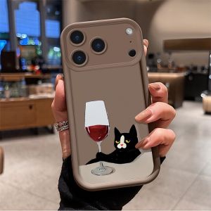 Leisure Red Wine Cat Pattern Phone Case for iPhone 18 17 Air 16 15 14 11 Pro Max Plus 13 12 Mini 8 7 X Protective Soft TPU Cover