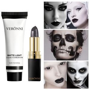 37ml Full Coverage Matte White Liquid Foundation with Black Shimmer LipstickSFX Makeup Kit for HalloweenGothZombie Clown