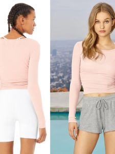 เสื้อยืดโยคะแขนยาวถักนิตติ้งระบายอากาศได้ดีสำหรับผู้หญิง เสื้อวิ่งออกกำลังกายทรงเข้ารูป ฤดูใบไม้ผลิ 2020 ผ้าโมดอล