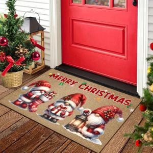 VIKAMA Three Gnomes Christmas Door Mat Merry Xmas Print Entryway Rug Non Slip For Front Door Indoor Outdoor Decor
