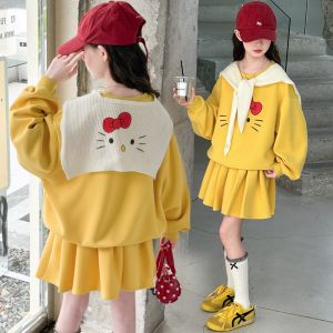 MPW | Girls School Style Three-Piece Set Cartoon Hoodie Pleated Skirt Outfit Korean Trend Autumn Wear For Middle And Big Kids