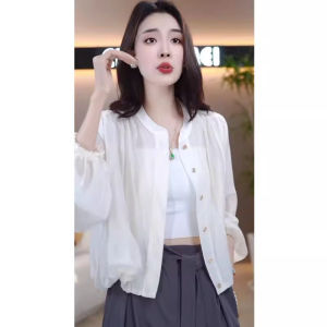 White Thin Chiffon Shirt Womens Summer New Fashion Design Sun Protection Outerwear Top Quality Material Long Sleeve round Neck