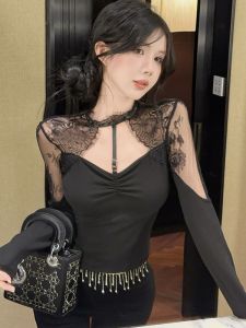 GUZILIAN | Áo sơ mi ren đen cổ chữ V hở lưng gợi cảm mùa xuân kiểu Pháp cổ điển cho nữ Áo lót trong suốt cổ chữ V hở lưng