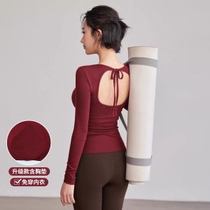 Womens High-End Pilates Yoga Fitness Long Sleeve Sports Top Backless Rope Binding Chest Pad Quick Dry Outdoor Casual Wear