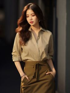 ชุดเสื้อเชิ้ตและกระโปรงสองชิ้นสไตล์เกาหลี ทรงเข้ารูป แขนยาว กระโปรงทรงเอ สำหรับผู้หญิงวัย 25-29 ปี