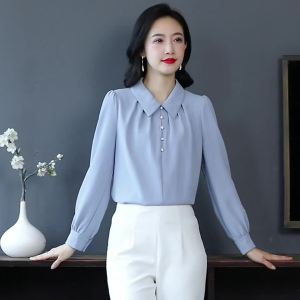 AMMIN 2025 spring new simple solid color Polo collar fashion button decorated chiffon shirt Female Korean style chic long sleeve elegant blouse