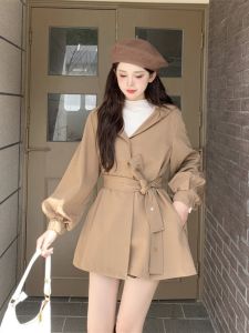 Khaki Color Womens Coat British Style Slimming Waist Design Autumn Winter New Arrival Fashionable Outerwear Long Sleeve Hooded