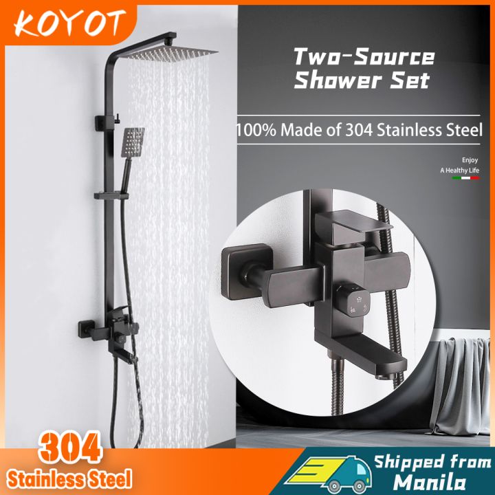 KOYOT 304 Stainless Steel Matte Black Bathroom Hot and Cold Square Shower Set with Rainfall Shower Head High Pressure Toilet Bidet Sprayer Storage Shelf Telephone Shower Head Four Way Wall Mounted Height adjustable 360 ° rotation Cold and Hot Water