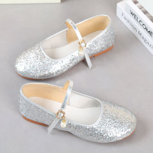 Princess Style Flat Bottom Soft Sole Shoes for Girls Student Performance Chorus Stage Show Flower Girl Dress Shoes Silver