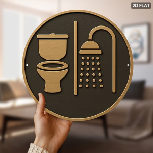 2D Retro Wooden Disc Toilet Sign Bathroom Shower Room Reminder Hanging Decoration Home Toilet Decor Simple Art Decal