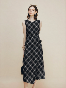 FAMANXUAN | Retro Plaid Sleeveless Irregular Design High-end Womens Dress