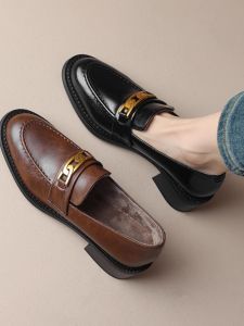 Leather Fleece Lined round Toe Fashion Single Shoes for Women with Buckle Design mid Heel Rubber Outsole Comfortable Autumn Winter Boots