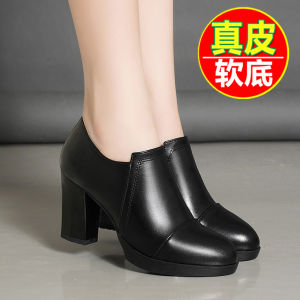 Giày Cao Gót Đế Dày Bằng Da Thật Mùa Thu Đông Cho Nữ Giày Công Sở Chống Thấm Nước Đế Cao Su Mũi Tròn