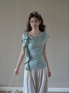 OUYANGXI | Áo Thun Xanh Đính Asymmetric Draped Collar Slim Fit Mùa Hè