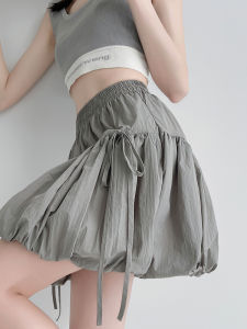 Bow Bandage Bud Puff Short Skirt Womens Summer Stylish Niche Style Casual Elastic High Waist A- line Skirt