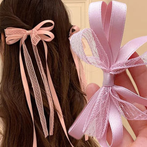 โบว์ลูกไม้เกาหลีกิ๊ฟติดผมริบบิ้นยาวสีขาวปิ่นปักผมที่คาดผมสำหรับเครื่องประดับงานแต่งงานเครื่องประดับผมหญิงสาว