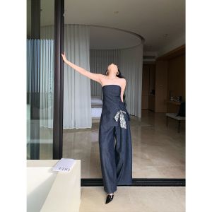 Loose Wide Leg Pants Denim Set Womens Summer 2025 New Style Tube Top Two Piece Suit Polyester Fiber Long Pants round Neck