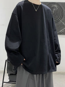 เสื้อยืดคอกลมแขนยาวผ้าฝ้ายแท้สำหรับผู้ชาย สไตล์ฮ่องกง ฤดูใบไม้ร่วง/ฤดูหนาว เสื้อชั้นในสีดำ เสื้อผ้าทำงานสไตล์วัยรุ่น สวมใส่สบาย